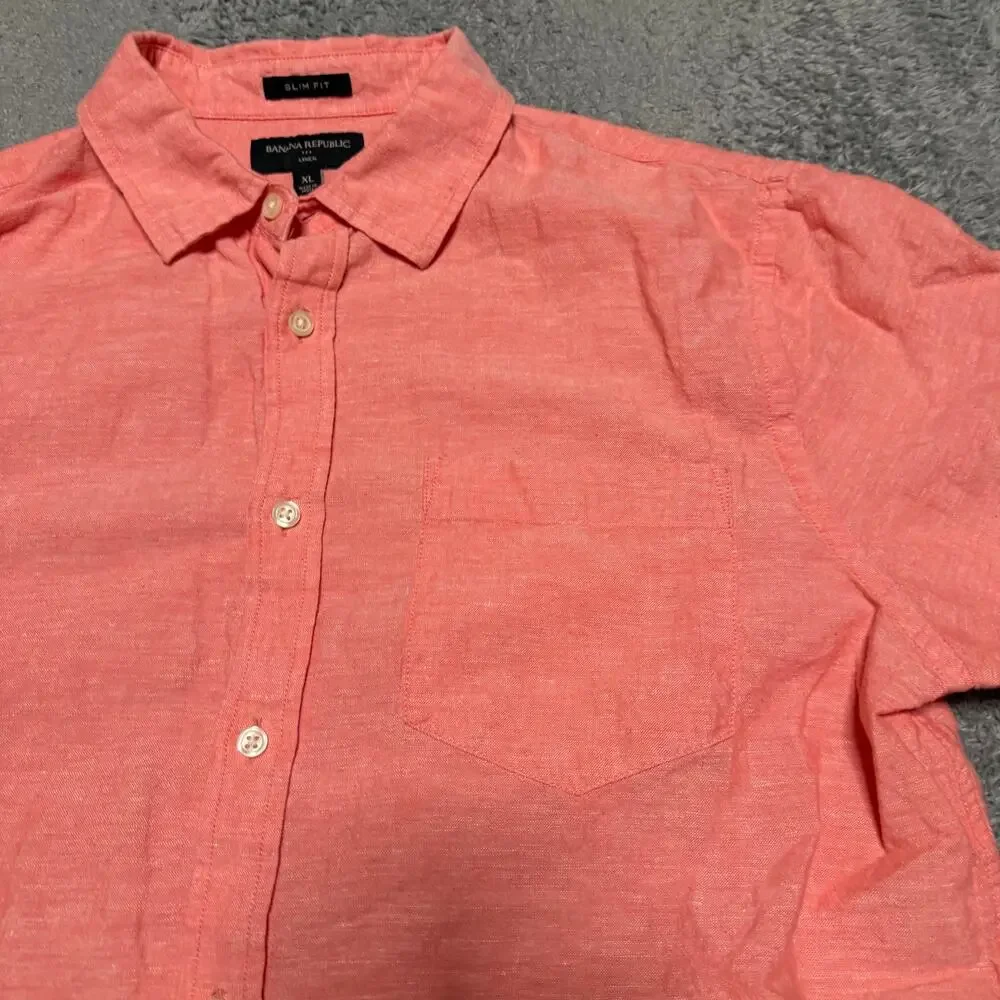 Banana Republic Shirt Mens XL Linen Pink Short Sleeve Button Slim Fit